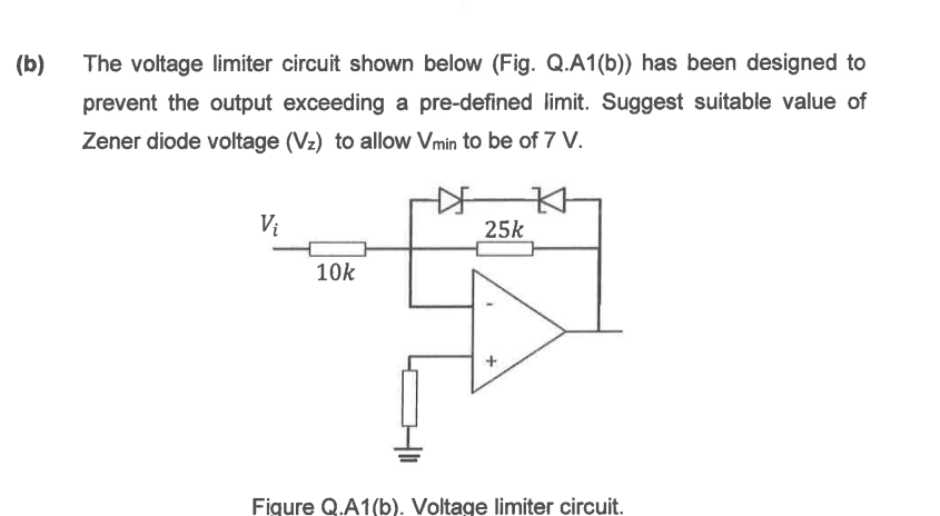 (b)
The voltage limiter circuit shown below (Fig. Q.A1(b)) has been designed to
prevent the output exceeding a pre-defined limit. Suggest suitable value of
Zener diode voltage (Vz) to allow Vmin to be of 7 V.
Vi
25k
10k
Figure Q.A1(b). Voltage limiter circuit.
