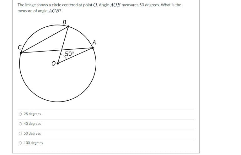The image shows a circle centered at point O. Angle AOB measures 50 degrees. What is the
measure of angle ACB?
B
A
50°
O 25 degrees
O 40 degrees
O 50 degrees
O 100 degrees
