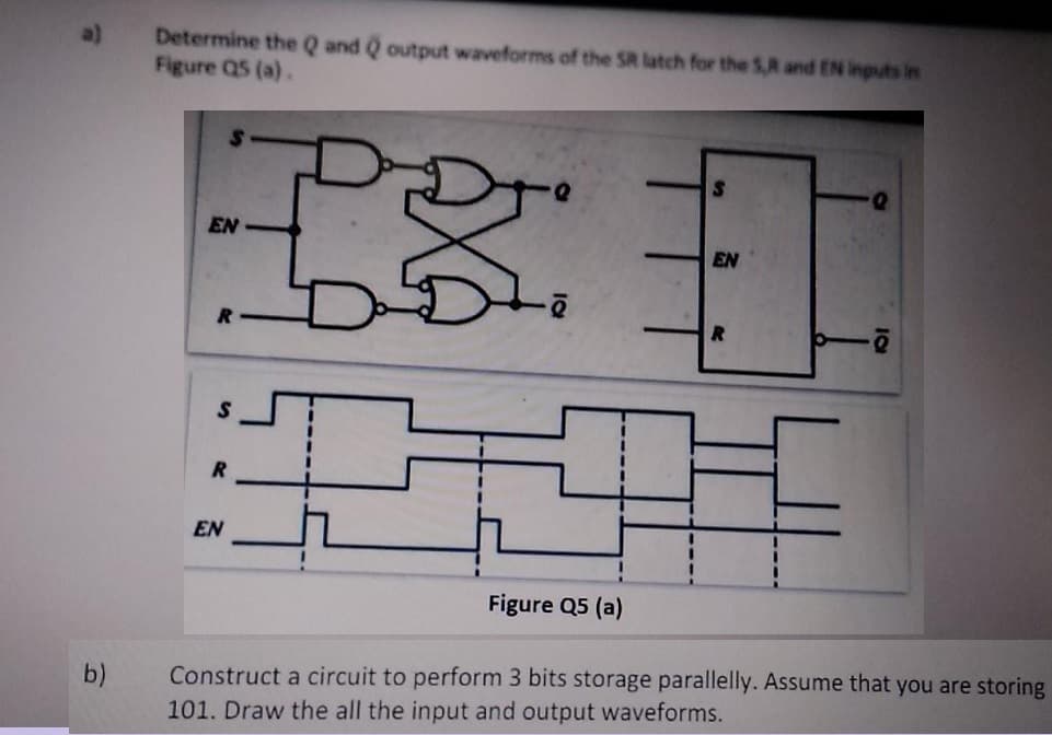 a)
Determine the Q and Q output waveforms of the SR latch for the 5,R and EN inputs in
Figure Q5 (a).
EN
EN
R
R
R
EN
Figure Q5 (a)
Construct a circuit to perform 3 bits storage parallelly. ASsume that you are storing
101. Draw the all the input and output waveforms.
b)
