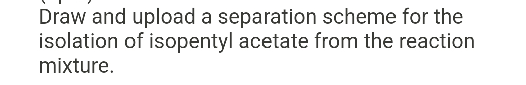 Draw and upload a separation scheme for the
isolation of isopentyl acetate from the reaction
mixture.
