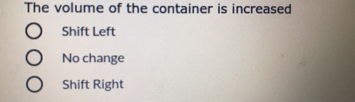 The volume of the container is increased
Shift Left
No change
Shift Right
