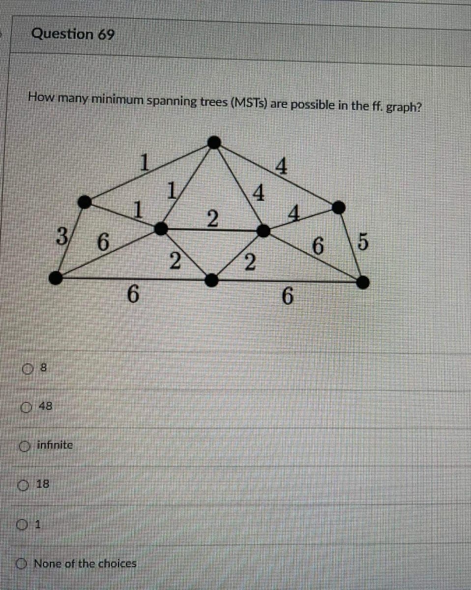 Question 69
How many minimum spanning trees (MSTS) are possible in the ff. graph?
4
2
3/
6.
6.
15
6.
6.
0:48
O infinite
O 18
01
O None of the choices
4)
2.
2.
