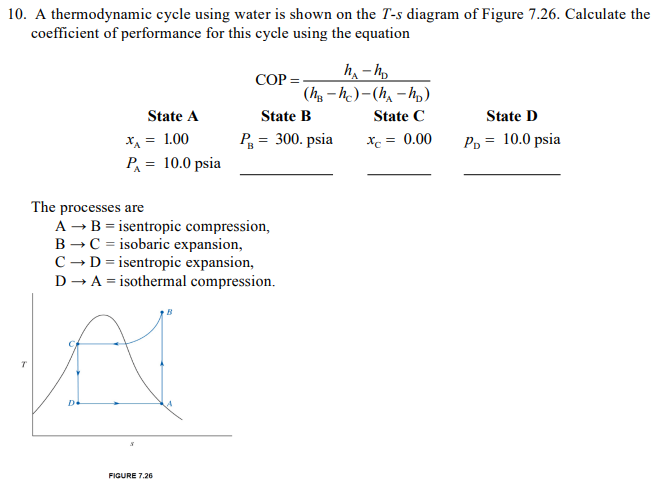 10. A thermodynamic cycle using water is shown on the T-s diagram of Figure 7.26. Calculate the
coefficient of performance for this cycle using the equation
h, – h,
COP =
(h, – he) – (h, – hɔ)
State A
State B
State C
State D
X = 1.00
P = 300. psia
X = 0.00
Po = 10.0 psia
P = 10.0 psia
The processes are
A → B = isentropic compression,
B → C = isobaric expansion,
C →D= isentropic expansion,
D - A = isothermal compression.
FIGURE 7.26
