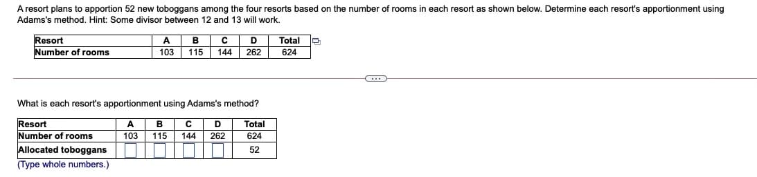 A resort plans to apportion 52 new toboggans among the four resorts based on the number of rooms in each resort as shown below. Determine each resort's apportionment using
Adams's method. Hint: Some divisor between 12 and 13 will work.
Resort
Number of rooms
A
Total
103
115
144
262
624
What is each resort's apportionment using Adams's method?
Resort
Number of rooms
A
B
D
Total
103
115
144
262
624
Allocated toboggans
52
(Type whole numbers.)
