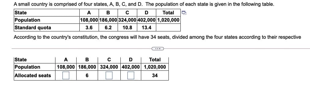 A small country is comprised of four states, A, B, C, and D. The population of each state is given in the following table.
State
A
B
D
Total
108,000 186,000 324,000 402,000 1,020,000
Population
Standard quota
3.6
6.2
10.8
13.4
According to the country's constitution, the congress will have 34 seats, divided among the four states according to their respective
State
Population
Allocated seats
A
В
Total
108,000 186,000 324,000 402,000 1,020,000
6
34
