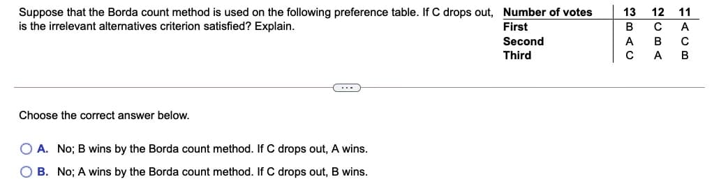 Suppose that the Borda count method is used on the following preference table. If C drops out, Number of votes
is the irrelevant alternatives criterion satisfied? Explain.
13
12
11
First
B
A
Second
A
Third
A
B
...
Choose the correct answer below.
O A. No; B wins by the Borda count method. If C drops out, A wins.
B. No; A wins by the Borda count method. If C drops out, B wins.
