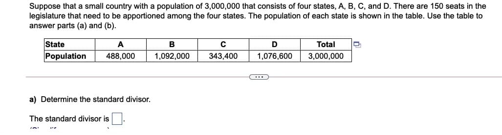 Suppose that a small country with a population of 3,000,000 that consists of four states, A, B, C, and D. There are 150 seats in the
legislature that need to be apportioned among the four states. The population of each state is shown in the table. Use the table to
answer parts (a) and (b).
State
A
B
D
Total
Population
488,000
1,092,000
343,400
1,076,600
3,000,000
a) Determine the standard divisor.
The standard divisor is
