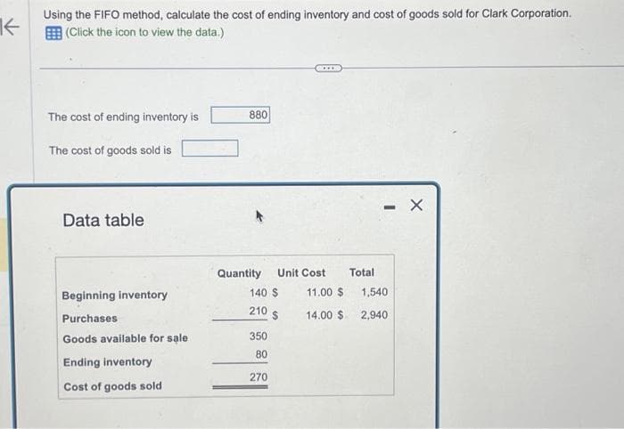 K
Using the FIFO method, calculate the cost of ending inventory and cost of goods sold for Clark Corporation.
(Click the icon to view the data.)
The cost of ending inventory is
The cost of goods sold is
Data table
Beginning inventory
Purchases
Goods available for sale
Ending inventory
Cost of goods sold
880
Quantity
140 S
210
350
80
Unit Cost
270
11.00 $
14.00 $
Total
- X
1,540
2,940