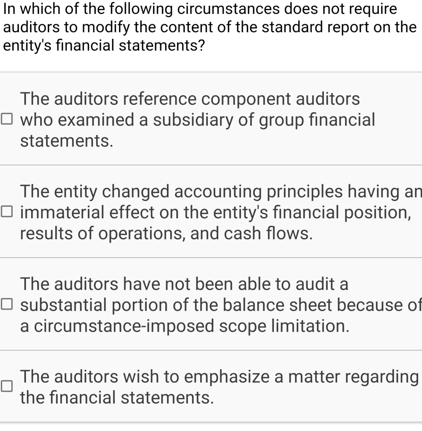 In which of the following circumstances does not require
auditors to modify the content of the standard report on the
entity's financial statements?
The auditors reference component auditors
O who examined a subsidiary of group financial
statements.
