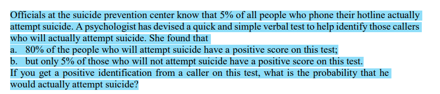 Officials at the suicide prevention center know that 5% of all people who phone their hotline actually
attempt suicide. A psychologist has devised a quick and simple verbal test to help identify those callers
who will actually attempt suicide. She found that
a. 80% of the people who will attempt suicide have a positive score on this test;
b. but only 5% of those who will not attempt suicide have a positive score on this test.
If you get a positive identification from a caller on this test, what is the probability that he
would actually attempt suicide?
