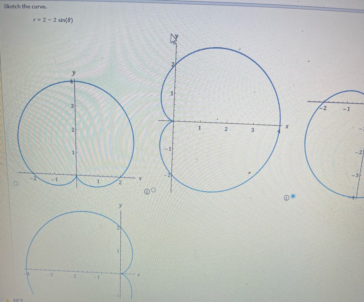 Sketch the curve.
68°F
r = 2 - 2 sin(6)
-2
-1
3
y
2
1
2
1
2
X
दर
0
1
2
3
10
2
1