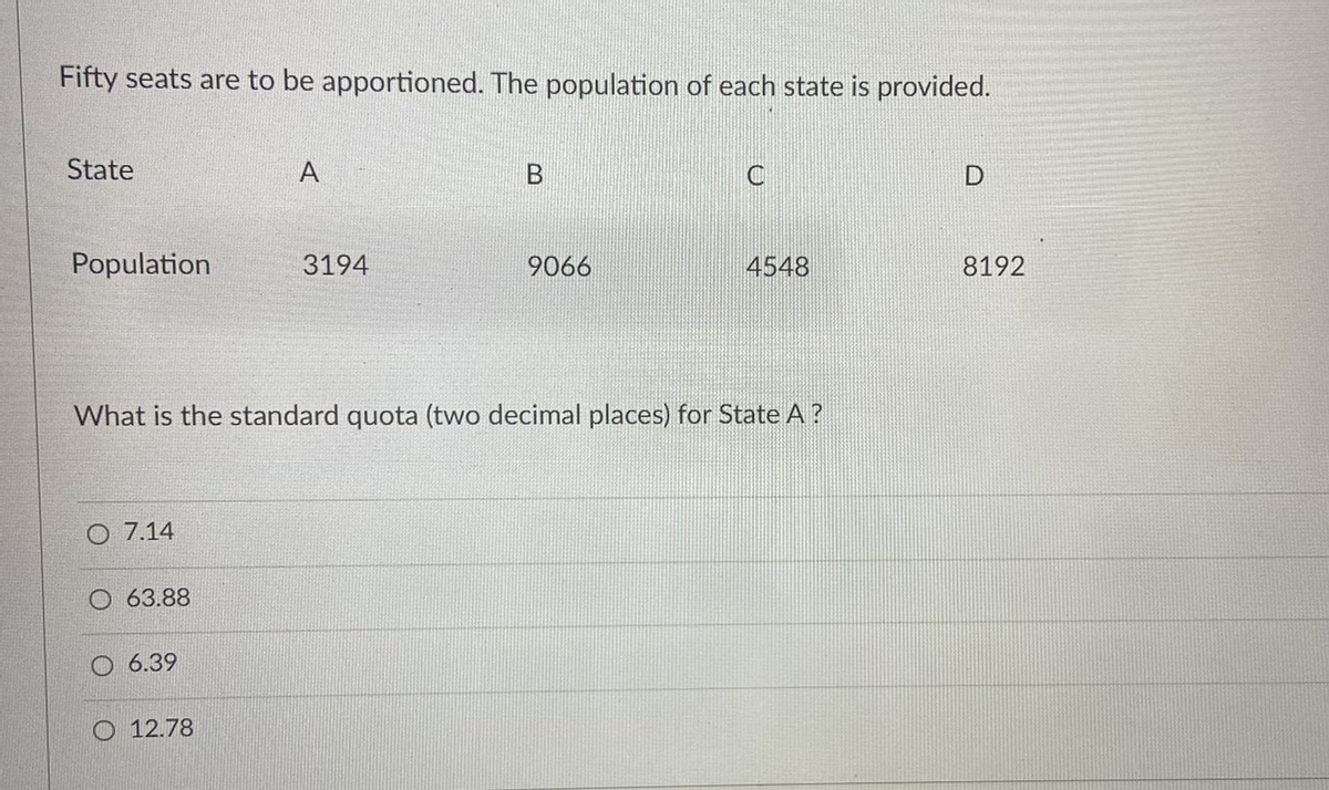 Fifty seats are to be apportioned. The population of each state is provided.
State
B
Population
3194
9066
4548
8192
What is the standard quota (two decimal places) for State A ?
O 7.14
O 63.88
6.39
O 12.78
