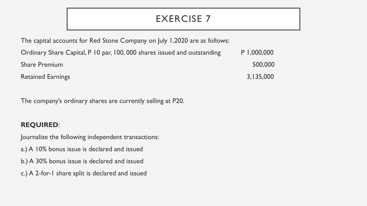 EXERCISE 7
The capital accounts for Red Stone Company on July 1,2020 are as follows:
Ordinary Share Capital, P 10 par, 100, 000 shares issued and outstanding
P 1,000,000
Share Premium
500,000
Retained Earnings
3,135,000
The company's ordinary shares are currently selling at P20.
REQUIRED:
Journalize the following independent transactions:
a.) A 10% bonus issue is declared and issued
b.) A 30% bonus issue is declared and issued
c.) A 2-for-l share split is declared and issued
