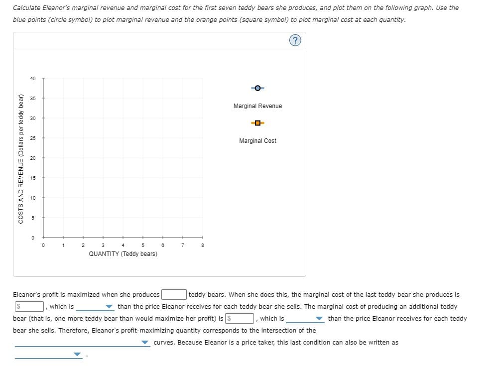 Calculate Eleanor's marginal revenue and marginal cost for the first seven teddy bears she produces, and plot them on the following graph. Use the
blue points (circle symbol) to plot marginal revenue and the orange points (square symbol) to plot marginal cost at each quantity.
40
35
Marginal Revenue
Marginal Cost
15
1
2
3
5
7
8
QUANTITY (Teddy bears)
Eleanor's profit is maximized when she produces
teddy bears. When she does this, the marginal cost of the last teddy bear she produces is
, which is
v than the price Eleanor receives for each teddy bear she sells. The marginal cost of producing an additional teddy
bear (that is, one more teddy bear than would maximize her profit) is S
|, which is
v than the price Eleanor receives for each teddy
bear she sells. Therefore, Eleanor's profit-maximizing quantity corresponds to the intersection of the
v curves. Because Eleanor is a price taker, this last condition can also be written as
COSTS AND REVENUE (Dollars per teddy bear)
은
