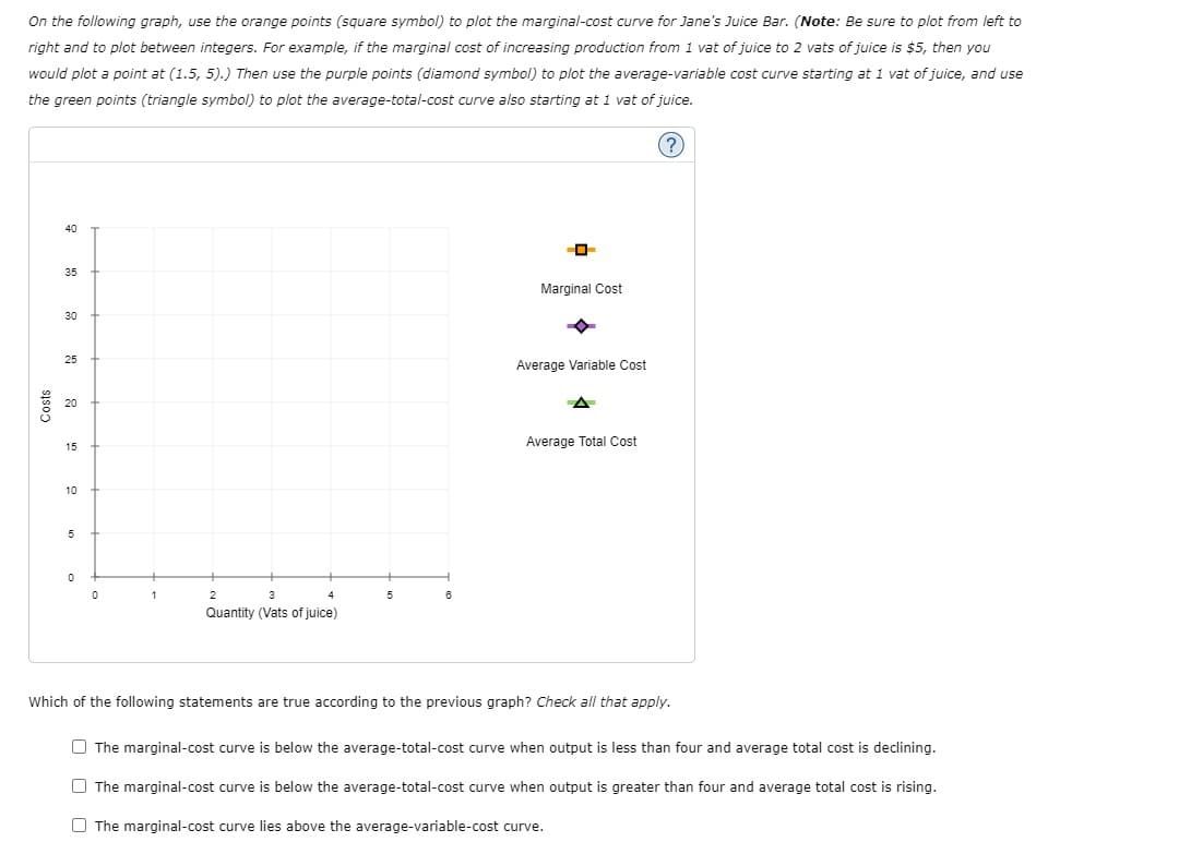 On the following graph, use the orange points (square symbol) to plot the marginal-cost curve for Jane's Juice Bar. (Note: Be sure to plot from left to
right and to plot between integers. For example, if the marginal cost of increasing production from 1 vat of juice to 2 vats of juice is $5, then you
would plot a point at (1.5, 5).) Then use the purple points (diamond symbol) to plot the average-variable cost curve starting at 1 vat of juice, and use
the green points (triangle symbol) to plot the average-total-cost curve also starting at 1 vat of juice.
(?
40
35
Marginal Cost
30
25
Average Variable Cost
Average Total Cost
15
10
5
1
2
4
5
Quantity (Vats of juice)
Which of the following statements are true according to the previous graph? Check all that apply.
O The marginal-cost curve is below the average-total-cost curve when output is less than four and average total cost is declining.
O The marginal-cost curve is below the average-total-cost curve when output is greater than four and average total cost is rising.
The marginal-cost curve lies above the average-variable-cost curve.
Costs
O O O
