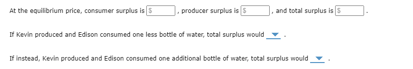 At the equilibrium price, consumer surplus is s
producer surplus is s
and total surplus is $
If Kevin produced and Edison consumed one less bottle of water, total surplus would
If instead, Kevin produced and Edison consumed one additional bottle of water, total surplus would
