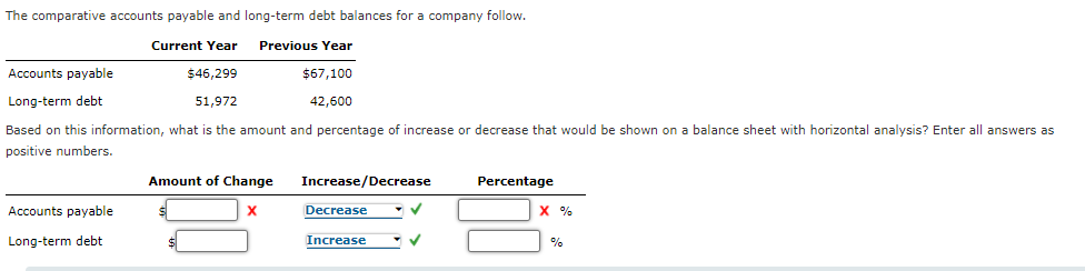 The comparative accounts payable and long-term debt balances for a company follow.
Current Year
Previous Year
Accounts payable
$46,299
$67,100
Long-term debt
51,972
42,600
Based on this information, what is the amount and percentage of increase or decrease that would be shown on a balance sheet with horizontal analysis? Enter all answers as
positive numbers.
Amount of Change
Increase/Decrease
Percentage
Accounts payable
Decrease
X %
Long-term debt
Increase
%
