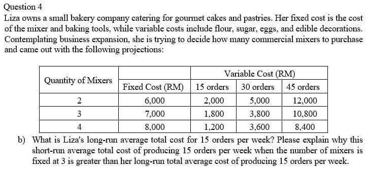 Question 4
Liza owns a small bakery company catering for gourmet cakes and pastries. Her fixed cost is the cost
of the mixer and baking tools, while variable costs include flour, sugar, eggs, and edible decorations.
Contemplating business expansion, she is trying to decide how many commercial mixers to purchase
and came out with the following projections:
Variable Cost (RM)
Quantity of Mixers
Fixed Cost (RM)
15 orders
30 orders
45 orders
6,000
2,000
5,000
12,000
3
7,000
1,800
3,800
10,800
4
8,000
1,200
3,600
8,400
b) What is Liza's long-run average total cost for 15 orders per week? Please explain why this
short-run average total cost of producing 15 orders per week when the number of mixers is
fixed at 3 is greater than her long-run total average cost of producing 15 orders per week.
