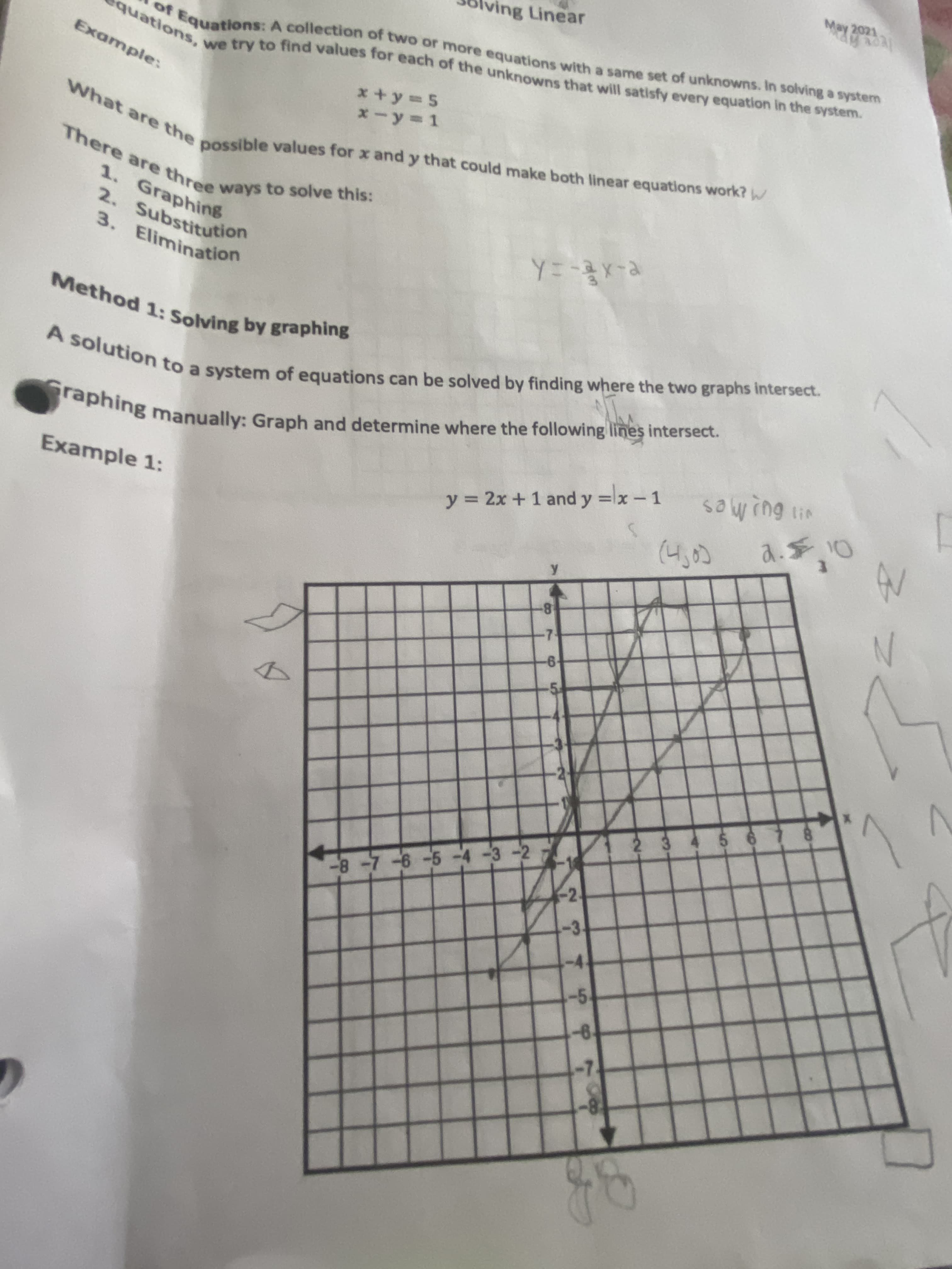 5.
9499
8.
5.
1 6U Mes
9-
-6.
2 3
-5.
-2.
May 2021
7-
8
-8-7-6 -5 -4 -3 -2
y = 2x +1 and y =lx-1
ving Linear
x+y 5
1. Graphing
3. Elimination
possible values for x and y that could make both linear equations work? W
Example 1:
of Equations: A collection of two or more equations with a same set of unknowns. In solving a system
What are the
Example:
