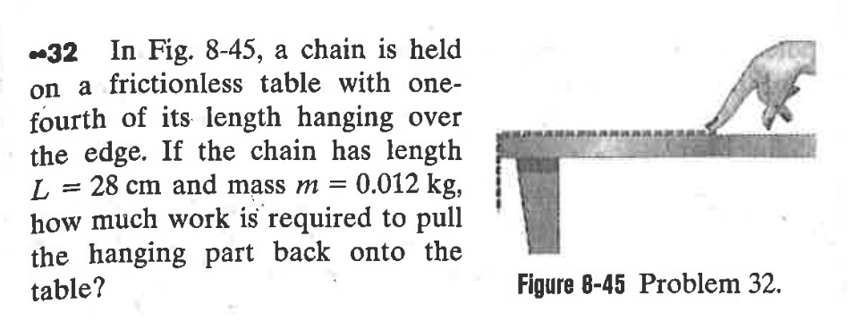 -32 In Fig. 8-45, a chain is held
on a frictionless table with one-
fourth of its length hanging over
the edge. If the chain has length
L = 28 cm and mass m =
0.012 kg,
how much work is required to pull
the hanging part back onto the
table?
Figure 8-45 Problem 32.
