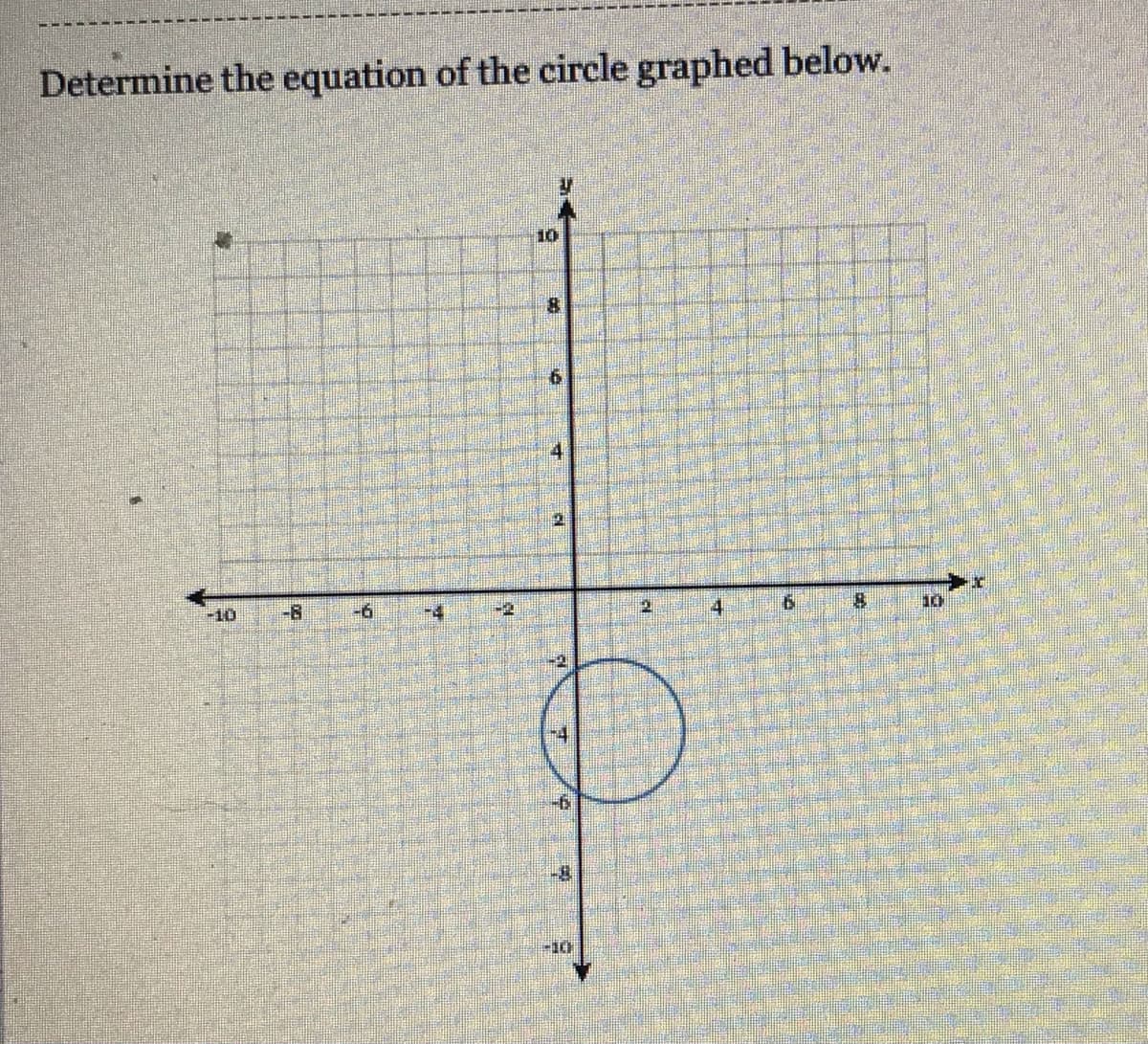 Determine the equation of the circle graphed below.
10
8.
-10
-8
-9-
-4
-2
2.
4
10
