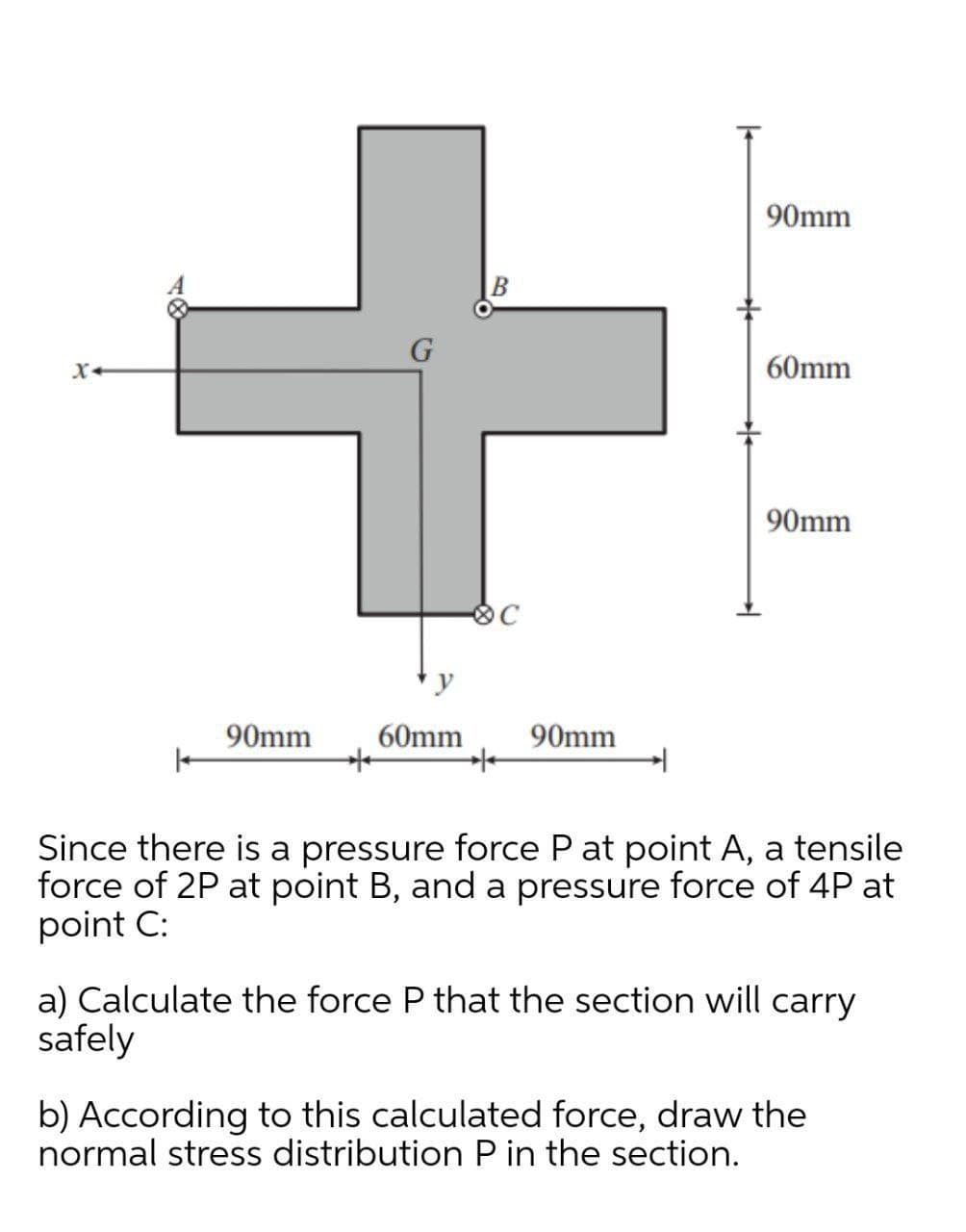 90mm
G
60mm
90mm
y
90mm
60mm
90mm
Since there is a pressure force P at point A, a tensile
force of 2P at point B, and a pressure force of 4P at
point C:
a) Calculate the force P that the section will carry
safely
b) According to this calculated force, draw the
normal stress distribution P in the section.
