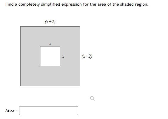 Find a completely simplified expression for the area of the shaded region.
(x+2)
(x+2)
Area
