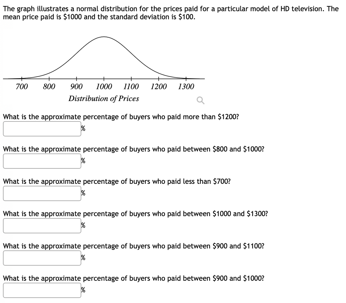 The graph illustrates a normal distribution for the prices paid for a particular model of HD television. The
mean price paid is $1000 and the standard deviation is $100.
700 800 900 1000 1100 1200 1300
Distribution of Prices
What is the approximate percentage of buyers who paid more than $1200?
%
What is the approximate percentage of buyers who paid between $800 and $1000?
%
What is the approximate percentage of buyers who paid less than $700?
%
What is the approximate percentage of buyers who paid between $1000 and $1300?
%
What is the approximate percentage of buyers who paid between $900 and $1100?
%
What is the approximate percentage of buyers who paid between $900 and $1000?
%