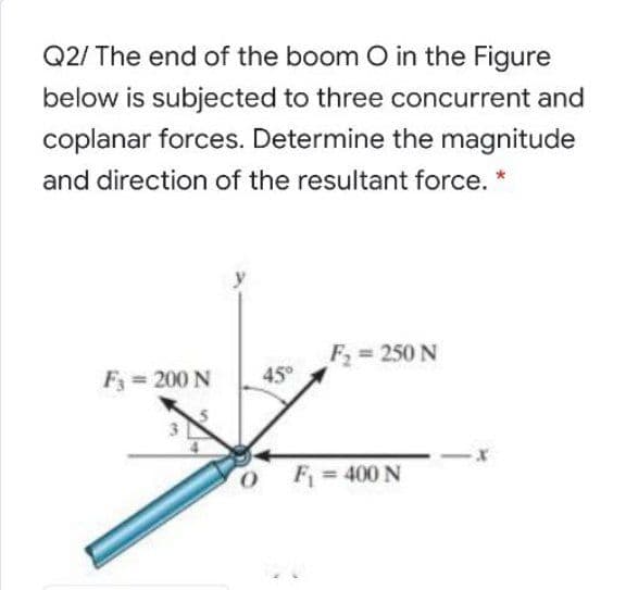 Q2/ The end of the boom O in the Figure
below is subjected to three concurrent and
coplanar forces. Determine the magnitude
and direction of the resultant force. *
F 250 N
45°
F3 = 200 N
F = 400 N
