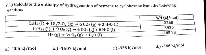 21.) Calculate the enthalpy of hydrogenation of benzene to cyclohexane from the following
reactions
A,H (kJ/mol)
C6H6 (1) + 15/2 02 (g) → 6 CO2 (g) + 3 H20 (1)
C6H12 (1) + 9 02 (g) → 6 CO2 (g) + 6 H20 (1)
H2 (g) + ½ 02 (g) → H2O (1)
-3268
-3920
-285.83
a.) -205 kJ/mol
b.) -1507 kJ/mol
c.) -938 kJ/mol
d.) -366 kJ/mol
