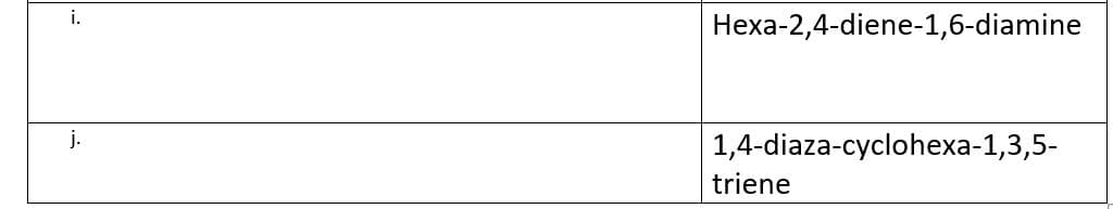 i.
Hexa-2,4-diene-1,6-diamine
j.
1,4-diaza-cyclohexa-1,3,5-
triene
