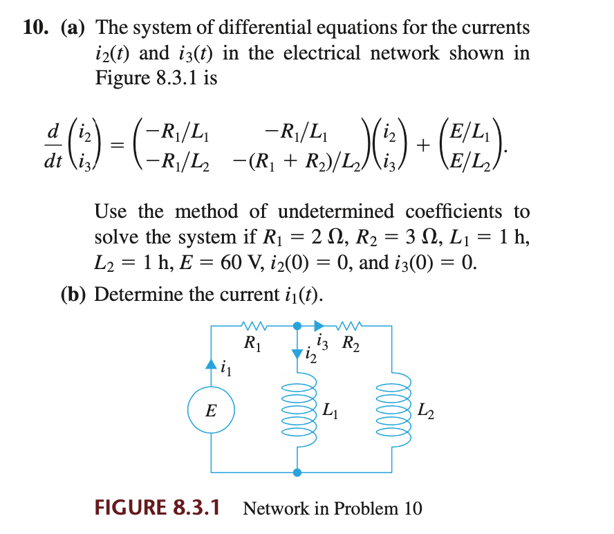 10. (a) The system of differential equations for the currents
iz(t) and i3(t) in the electrical network shown in
Figure 8.3.1 is
-R\/L
-R¡/L2
-R|/L
-(R, + R2)/L2)
(E/L
\E/L2,
d (iz
+
dt
|
Use the method of undetermined coefficients to
solve the system if R1 = 2 N, R2 = 3 N, L1 = 1 h,
L2 = 1 h, E = 60 V, i2(0) = 0, and i3(0) = 0.
(b) Determine the current i¡(t).
R1
iz R2
E
L
L2
FIGURE 8.3.1
Network in Problem 10
