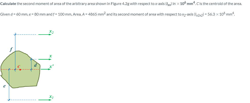 Calculate the second moment of area of the arbitrary area shown in Figure 4.2g with respect to x-axis (Ixx) in x 106 mm4. Cis the centroid of the area.
Given d = 60 mm, e = 80 mm and f = 100 mm, Area, A = 4865 mm² and its second moment of area with respect to X7-axis (Iyx2) = 56.3 × 106 mm4.
e
