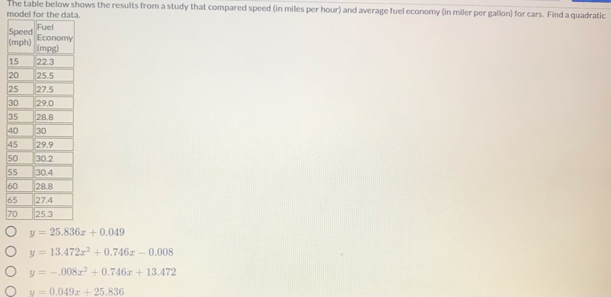 The table below shows the results from a study that compared speed (in miles per hour) and average fuel economy (in miler per gallon) for cars. Find a quadratic
model for the data.
Fuel
Speed
Economy
(mph)
(mpg)
15
22.3
20
25.5
25
27.5
30
29.0
35
28.8
40
30
45
29.9
50
30.2
55
30.4
60
27.4
28.8
65
70
25.3
y = 25.836x+0.049
y = 13.472x2+0.746x- 0.008
y = -.008x? +0.746x + 13.472
y = 0.049x + 25.836
