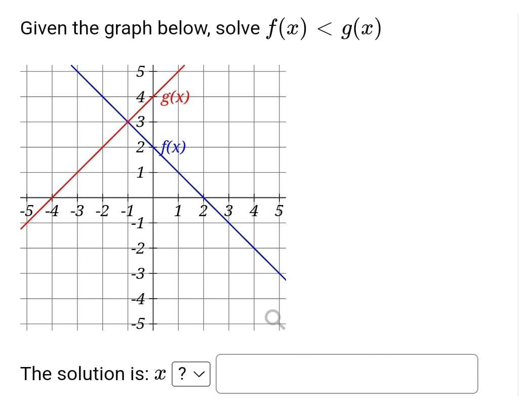 Given the graph below, solve f(x) < g(x)
5-
4 g(x)
2 f(x)
1
-5-4 -3 -2 -1
-4
-5
The solution is: * ?
♡
723
2 3 4