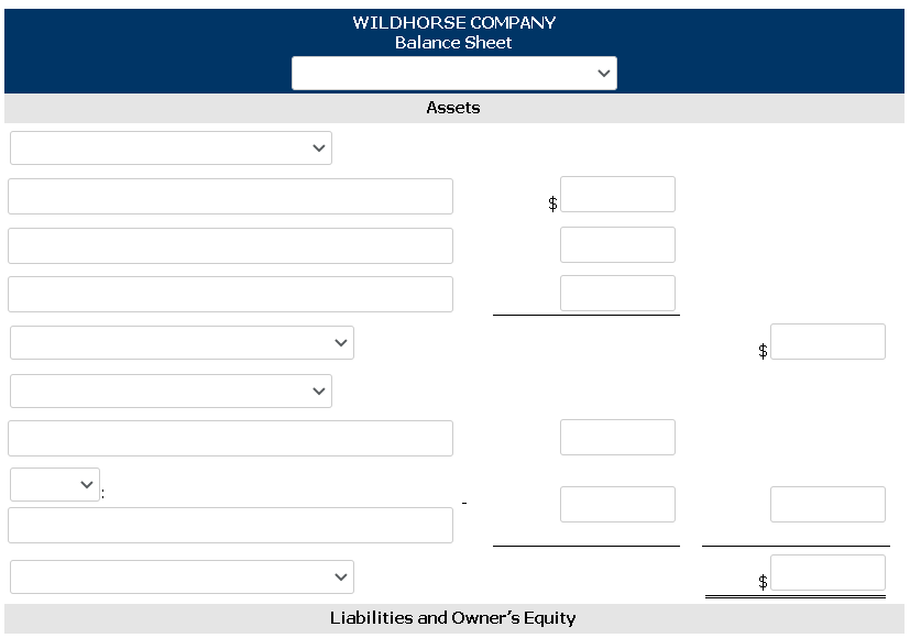 WILDHORSE COMPANY
Balance Sheet
Assets
Liabilities and Owner's Equity
>
