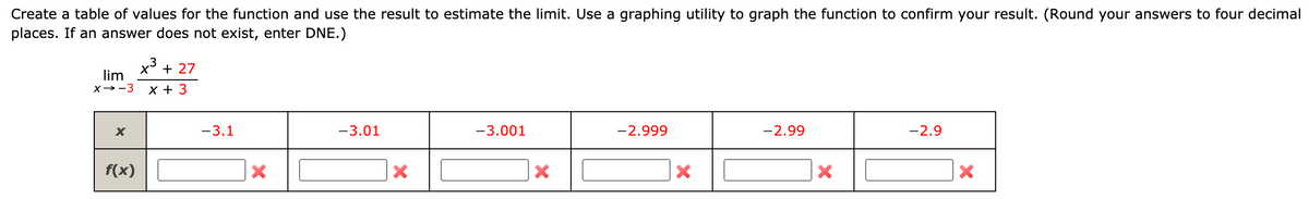 Create a table of values for the function and use the result to estimate the limit. Use a graphing utility to graph the function to confirm your result. (Round your answers to four decimal
places. If an answer does not exist, enter DNE.)
x3
lim
X° + 27
X→-3
x + 3
-3.1
-3.01
-3.001
-2.999
-2.99
-2.9
f(x)
