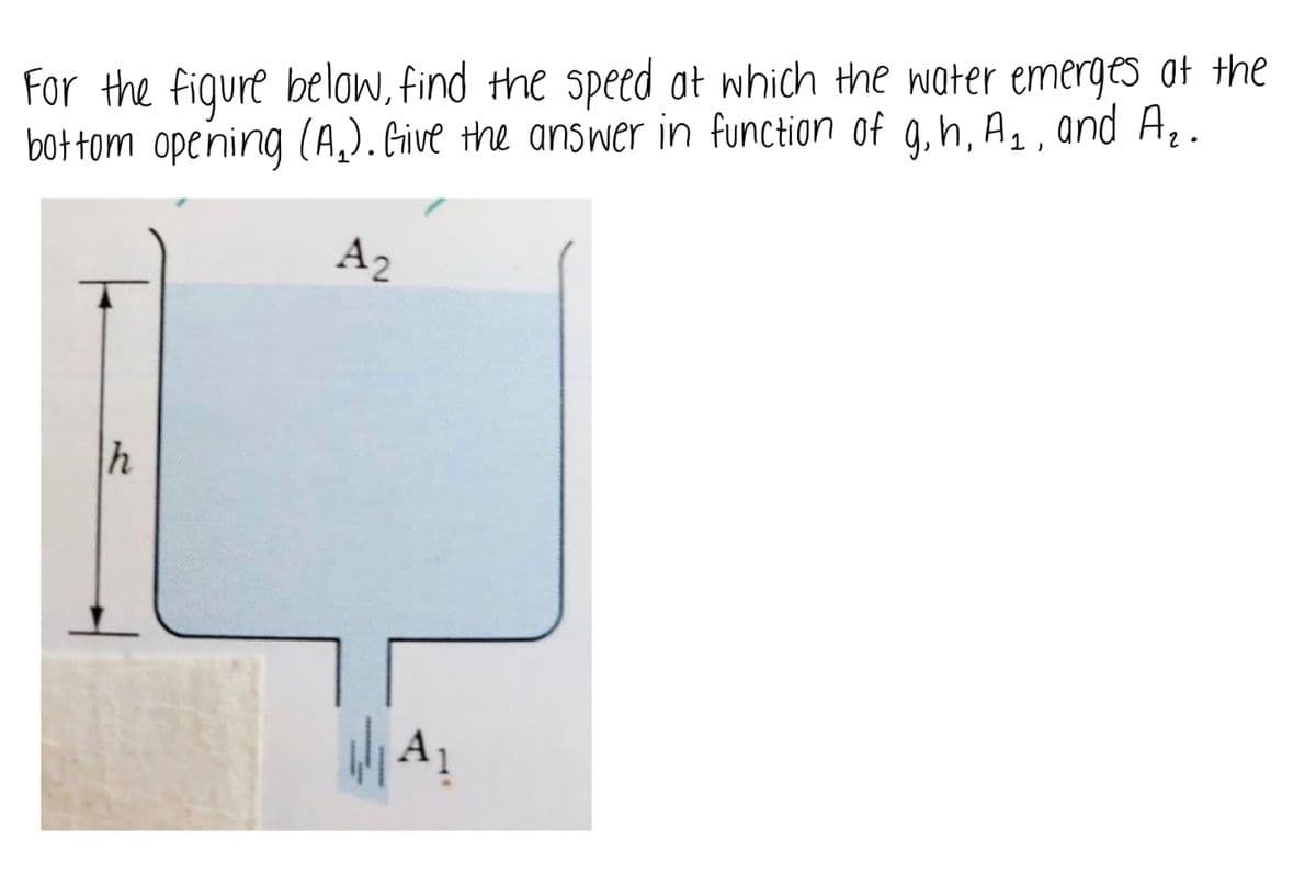 For the fiqure below, find the speed at which the water emerges af the
bottom opening (A,). Give the answer in function of g, h, A,, and A,.
A2
A1
