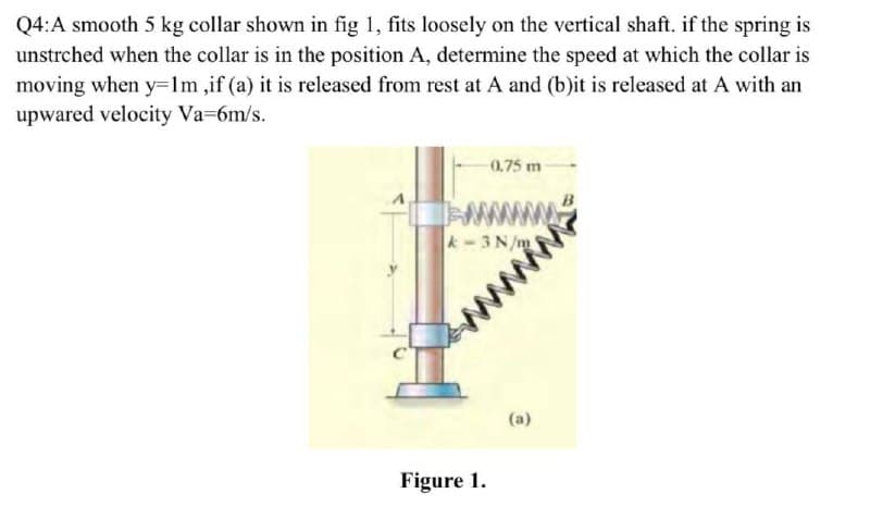 Q4:A smooth 5 kg collar shown in fig 1, fits loosely on the vertical shaft. if the spring is
unstrched when the collar is in the position A, determine the speed at which the collar is
moving when y=1m,if (a) it is released from rest at A and (b)it is released at A with an
upwared velocity Va-6m/s.
0.75 m
wwww
k-3N/m
my
(a)
Figure 1.

