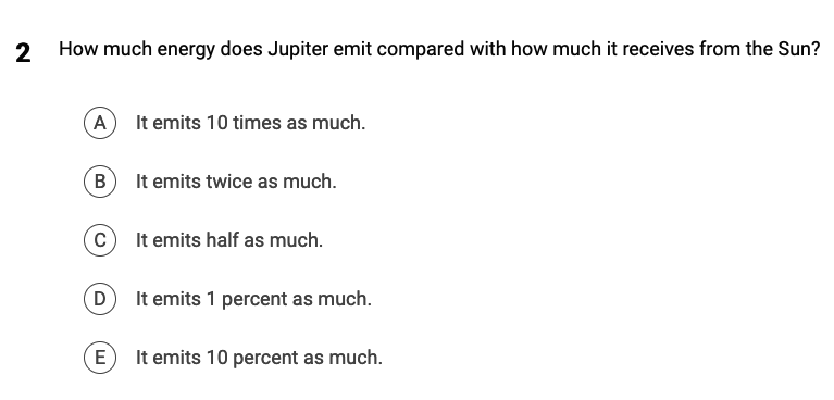 2 How much energy does Jupiter emit compared with how much it receives from the Sun?
A
B
C
D
E
It emits 10 times as much.
It emits twice as much.
It emits half as much.
It emits 1 percent as much.
It emits 10 percent as much.