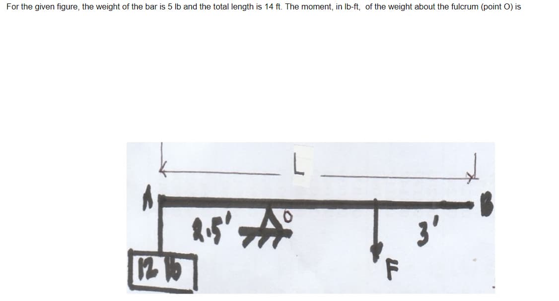 For the given figure, the weight of the bar is 5 lb and the total length is 14 ft. The moment, in Ib-ft, of the weight about the fulcrum (point O) is
3'
