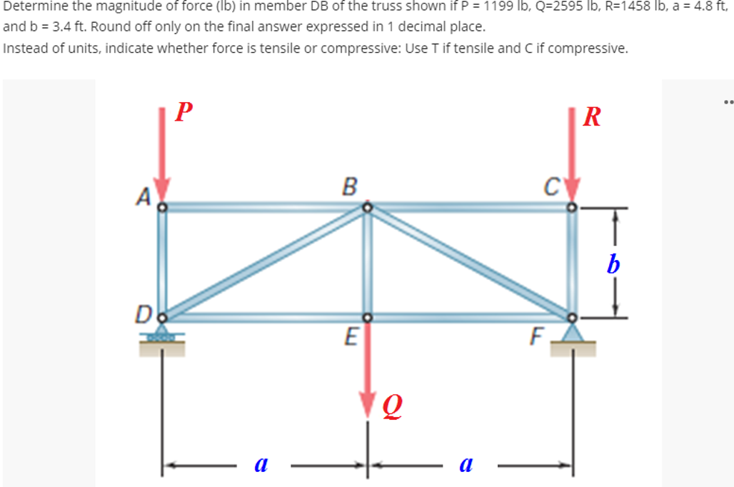 Determine the magnitude of force (lb) in member DB of the truss shown if P = 1199 lb, Q=2595 lb, R=1458 lb, a = 4.8 ft,
and b = 3.4 ft. Round off only on the final answer expressed in 1 decimal place.
Instead of units, indicate whether force is tensile or compressive: Use T if tensile and C if compressive.
A
De
P
a
B
E
VO
a
C
F
R
b
..