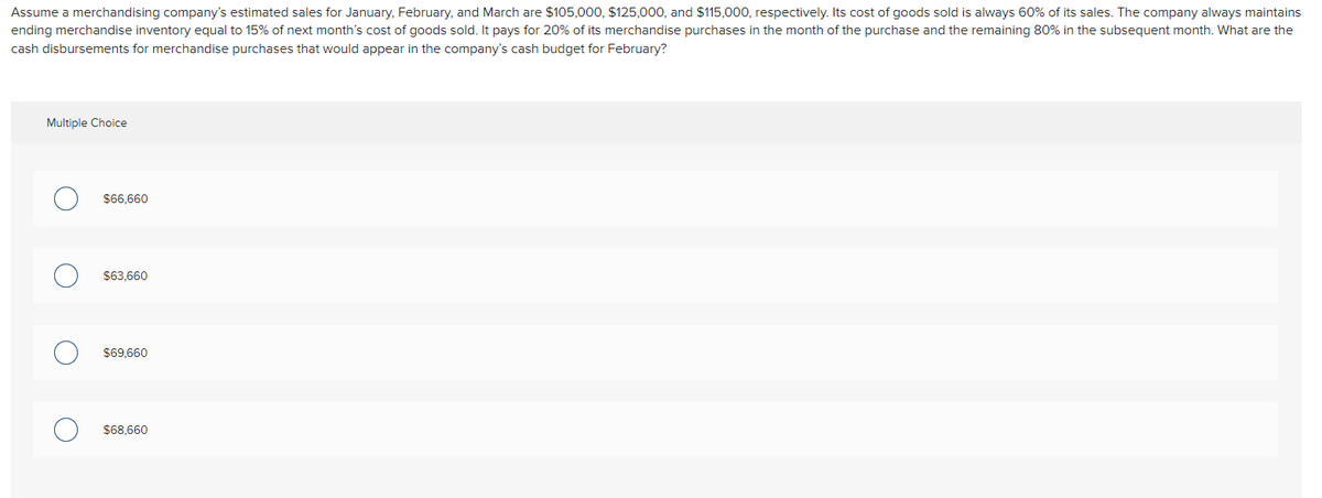 Assume a merchandising company's estimated sales for January, February, and March are $105,000, $125,000, and $115,000, respectively. Its cost of goods sold is always 60% of its sales. The company always maintains
ending merchandise inventory equal to 15% of next month's cost of goods sold. It pays for 20% of its merchandise purchases in the month of the purchase and the remaining 80% in the subsequent month. What are the
cash disbursements for merchandise purchases that would appear in the company's cash budget for February?
Multiple Choice
$66,660
$63,660
$69,660
$68,660
