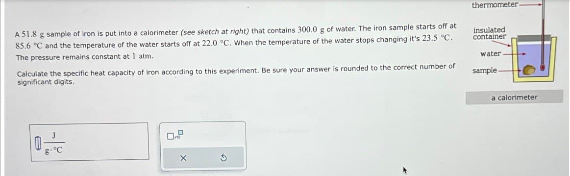 thermometer-
A 51.8 g sample of iron is put into a calorimeter (see sketch at right) that contains 300.0 g of water. The iron sample starts off at
85.6 °C and the temperature of the water starts off at 22.0 °C. When the temperature of the water stops changing it's 23.5 °C.
The pressure remains constant at 1 atm.
Calculate the specific heat capacity of iron according to this experiment. Be sure your answer is rounded to the correct number of
significant digits.
insulated
container
water
sample-
g.°C
X
G
a calorimeter