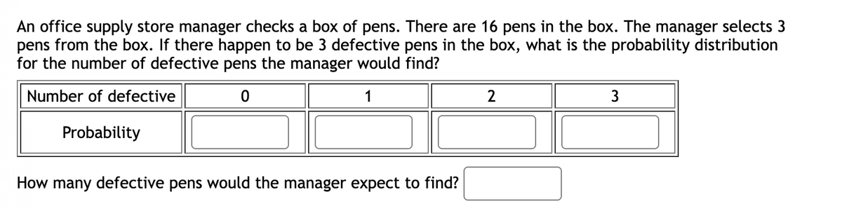 An office supply store manager checks a box of pens. There are 16 pens in the box. The manager selects 3
pens from the box. If there happen to be 3 defective pens in the box, what is the probability distribution
for the number of defective pens the manager would find?
Number of defective
0
1
Probability
How many defective pens would the manager expect to find?
2
3