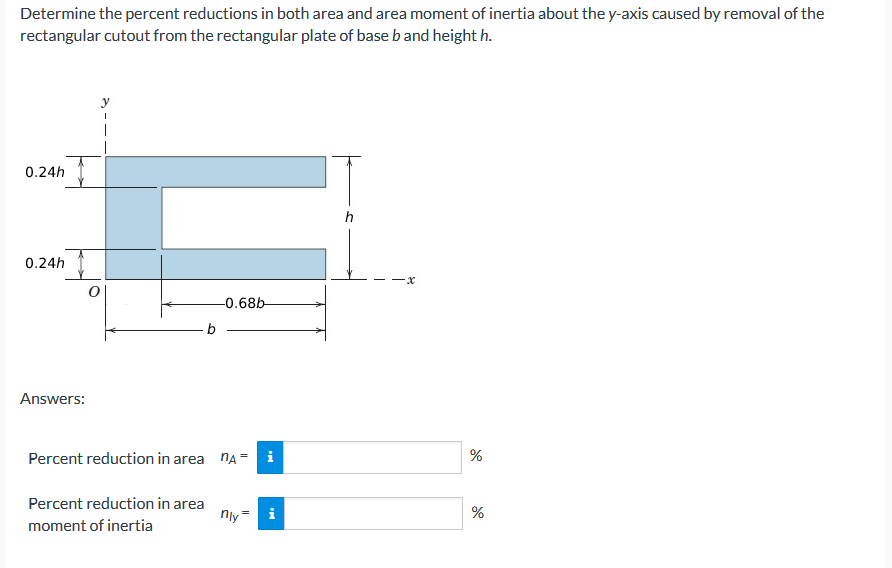 Determine the percent reductions in both area and area moment of inertia about the y-axis caused by removal of the
rectangular cutout from the rectangular plate of base b and height h.
0.24h
h
0.24h
x-
-0.68b-
b
Answers:
Percent reduction in area nA = i
%
Percent reduction in area
nly
i
moment of inertia
