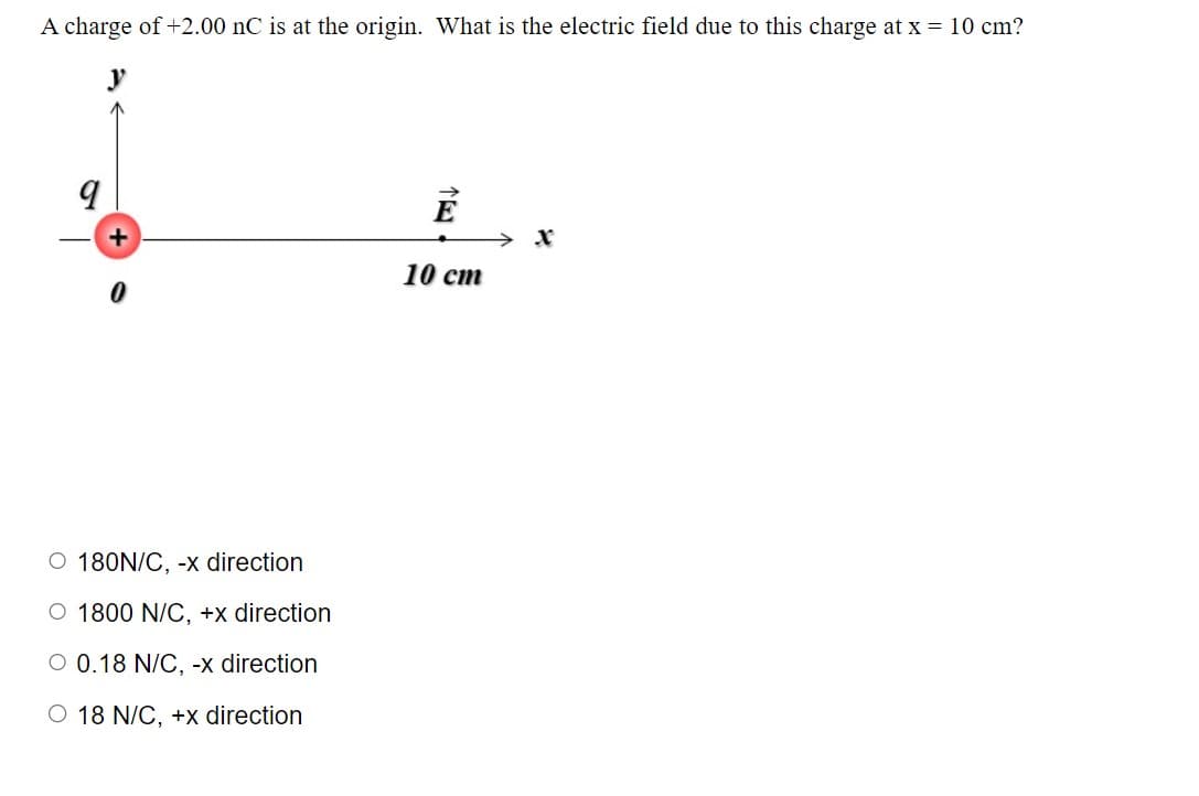 A charge of +2.00 nC is at the origin. What is the electric field due to this charge at x = 10 cm?
9
+
O 180N/C, -x direction
O 1800 N/C, +x direction
O 0.18 N/C, -x direction
O 18 N/C, +x direction
É
10 cm