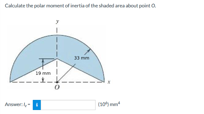 Calculate the polar moment of inertia of the shaded area about point O.
y
33 mm
19 mm
Answer: I, = i
(106) mm4
