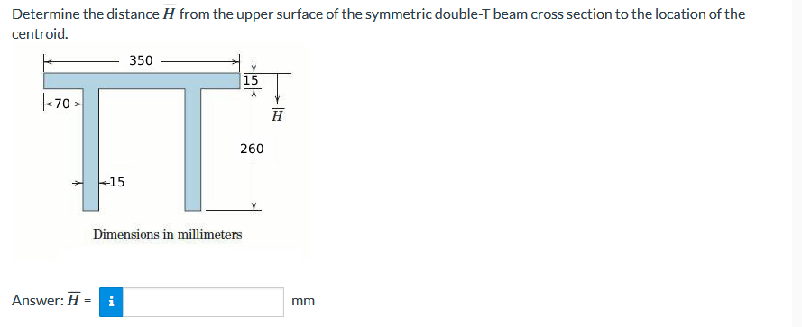 Determine the distance H from the upper surface of the symmetric double-T beam cross section to the location of the
centroid.
350
15
+70
260
15
Dimensions in millimeters
Answer: H = i
mm
