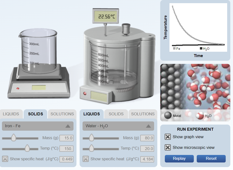 22.56°C
- 300mL
Fe
IH2O
Time
600ML
500ML
400ML
300ML
200mL
100mL
- 200mL
100mL
SOLIDS
SOLUTIONS
Metal
SOLUTIONS
LIQUIDS
LIQUIDS
SOLIDS
Water - H20
RUN EXPERIMENT
Iron - Fe
Show graph view
Mass (g)
80.0
Mass (g)
15.0
X Show microscopic view
Temp (°C)
20.0
Temp (°C)
150.
Reset
Replay
Show specific heat (J/g°C) 4.184
Show specific heat (J/g°C) 0.449
Temperature
